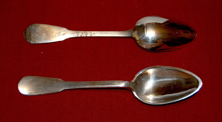 French pewter spoon with narrow paddle stem finial and pointed egg shaped bowl